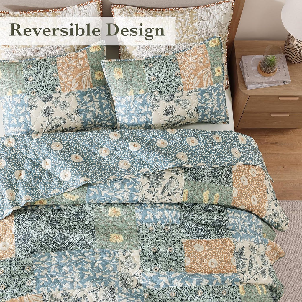 Queen Quilt Set - 3 Pieces Patchwork Green Quilt Bedding Set, Lightweight Queen Bedspread Coverlet, Reversible Floral