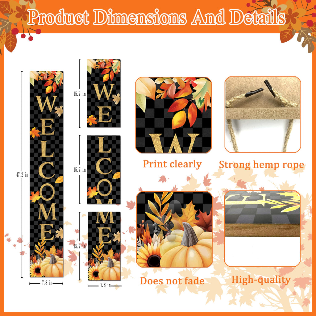 Fall Wooden Porch Sign 47" Autumn Pumpkin Maple Leaf Front Door Welcome Sign Vertical Standing Sign For Garden Home