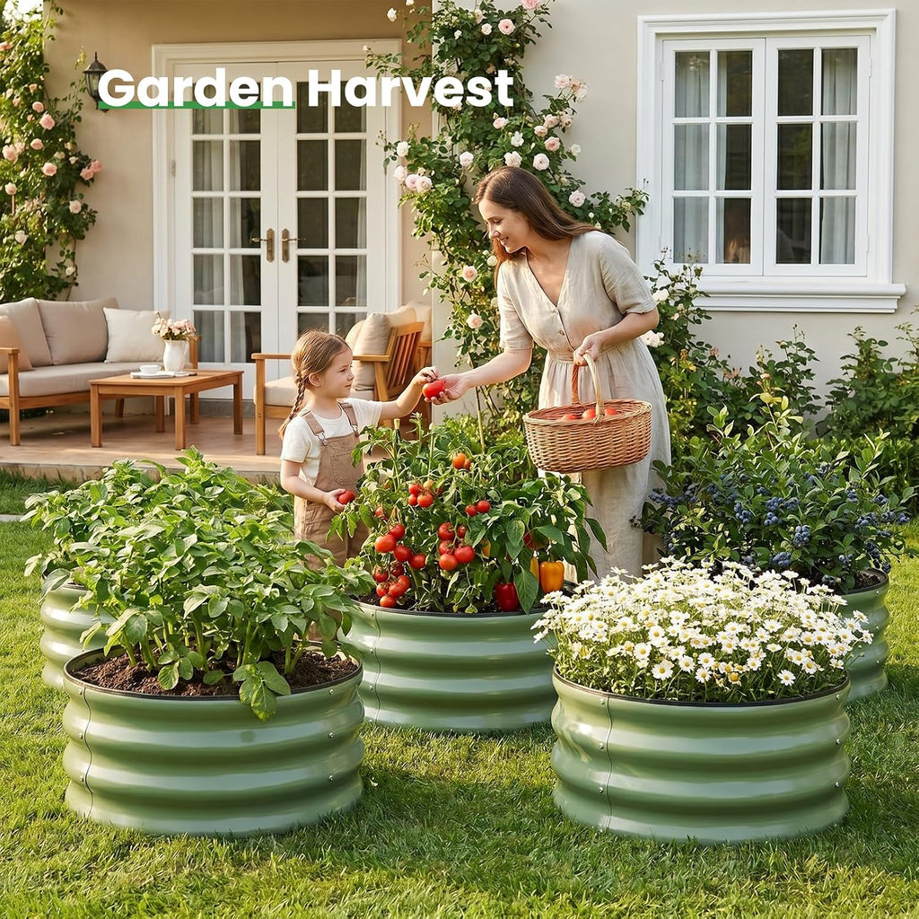 4 Pcs Round Raised Garden Bed Outdoor, 2x2x1ft, OliveGreen | Circle Garden Bed, Galvanized Raised Planter Box for