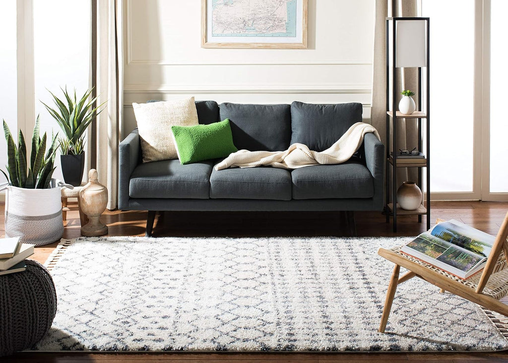 Berber Fringe Shag Collection Area Rug, Cream & Dark Grey, Moroccan Design, Non-Shedding & Easy Care