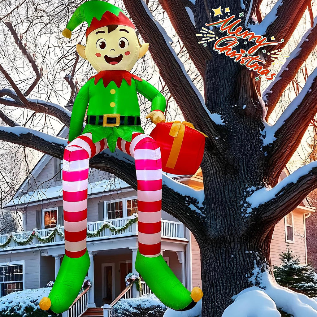 8 FT Christmas Inflatable Outdoor Decorations, Sitting Elf Holding Gift Bag Blow Up Christmas Decorations with