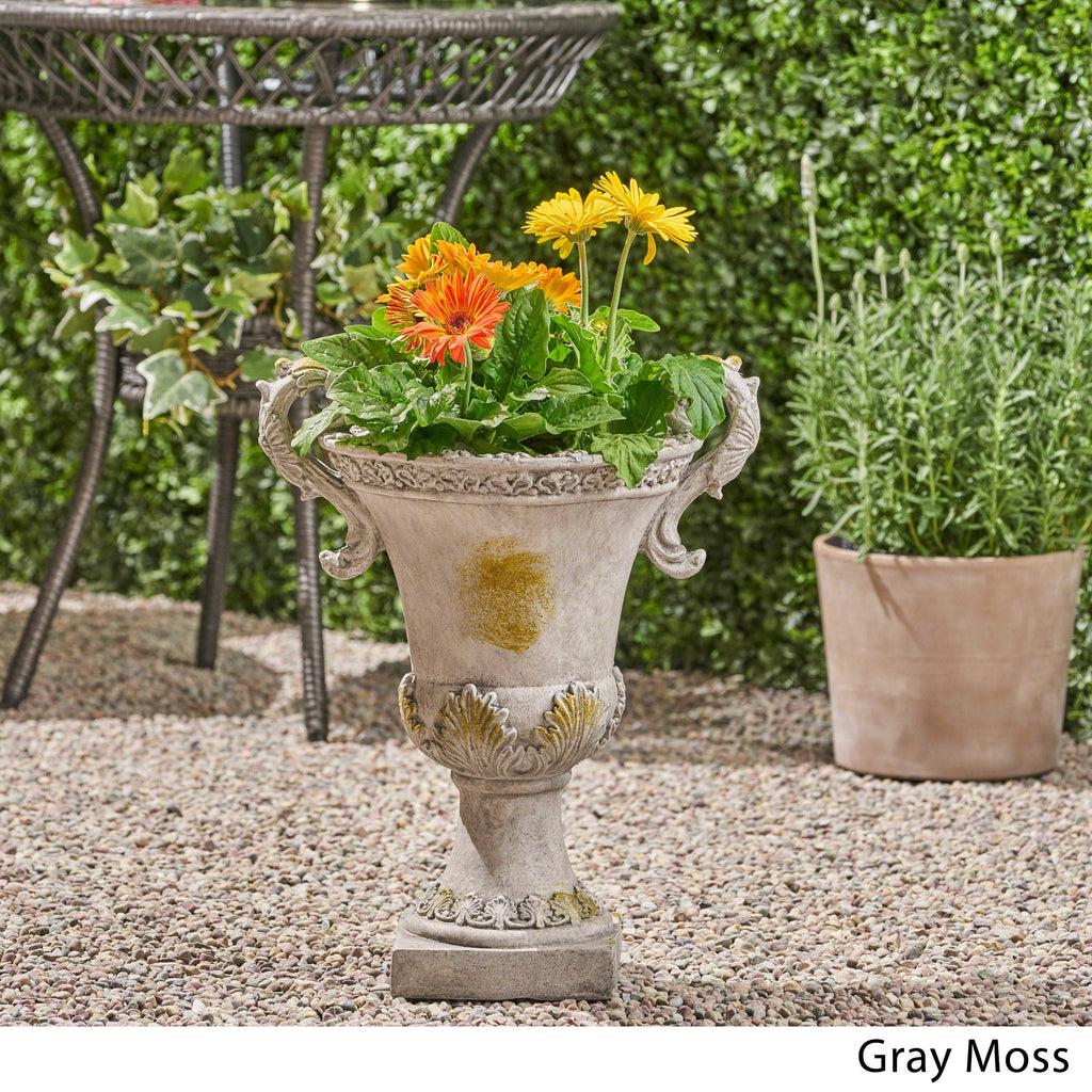 Chalice Garden Urn Planter, Roman, Botanical, Lightweight Concrete with Gray Moss Finish