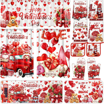 Valentine's Day Kitchen Sets with Kitchen Towels Non Slip Mats Curtains Valance Pot Holders Oven Mitts Red - Set of 13