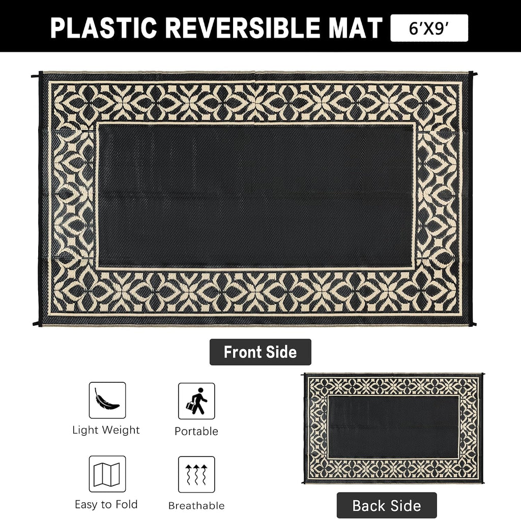 Outdoor Rug Black Beige Geometric