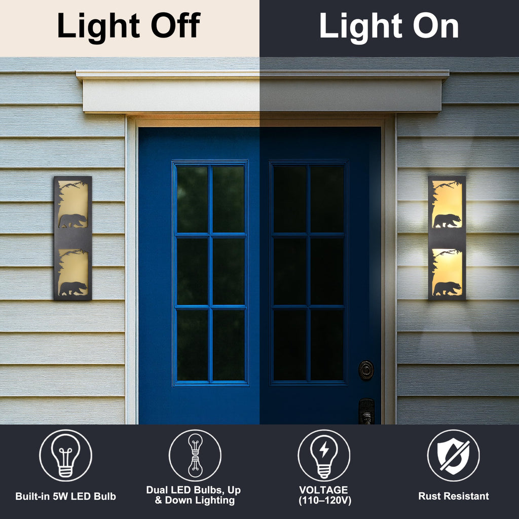 Rustic Exterior Wall Lights with Bear Pattern, Black Porch Lights Outdoor with Warm Amber Lampshade, Waterproof Up