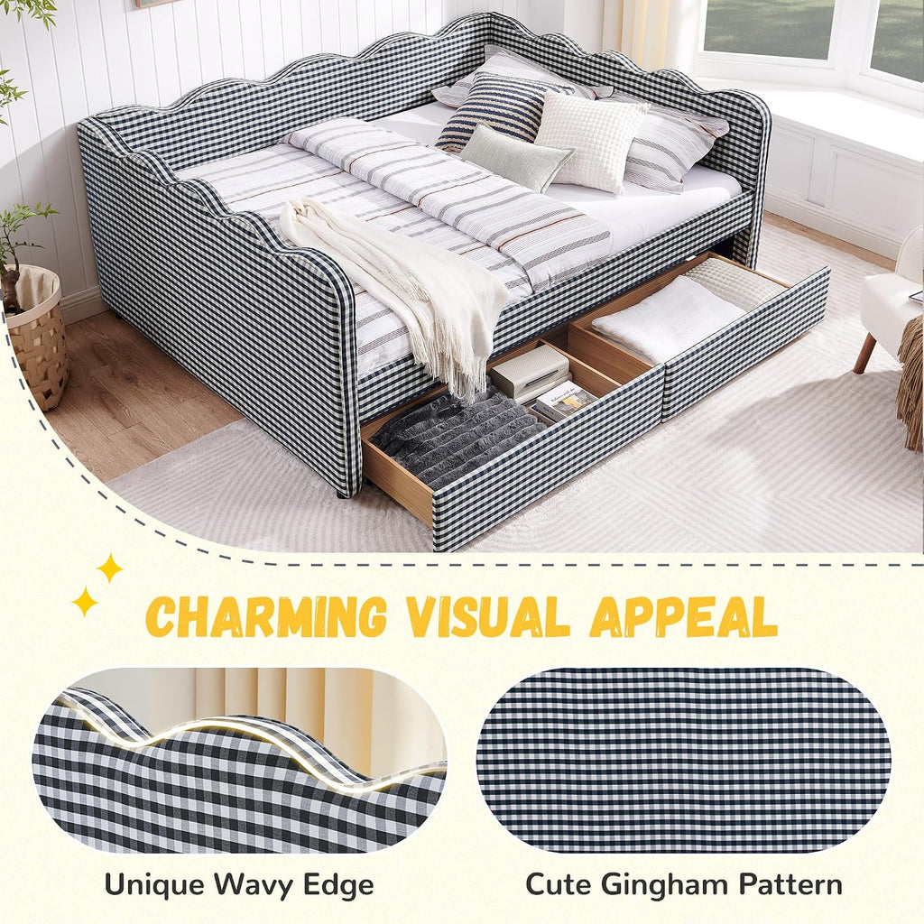 Queen Size Gingham Daybed with 2 Storage Drawers and USB Ports | Upholstered Daybed Living Room Guest Room-Navy