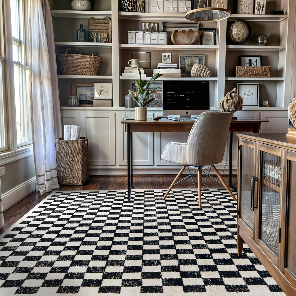 Contemporary Checkered Grid Contrast Area Rug Soft Black