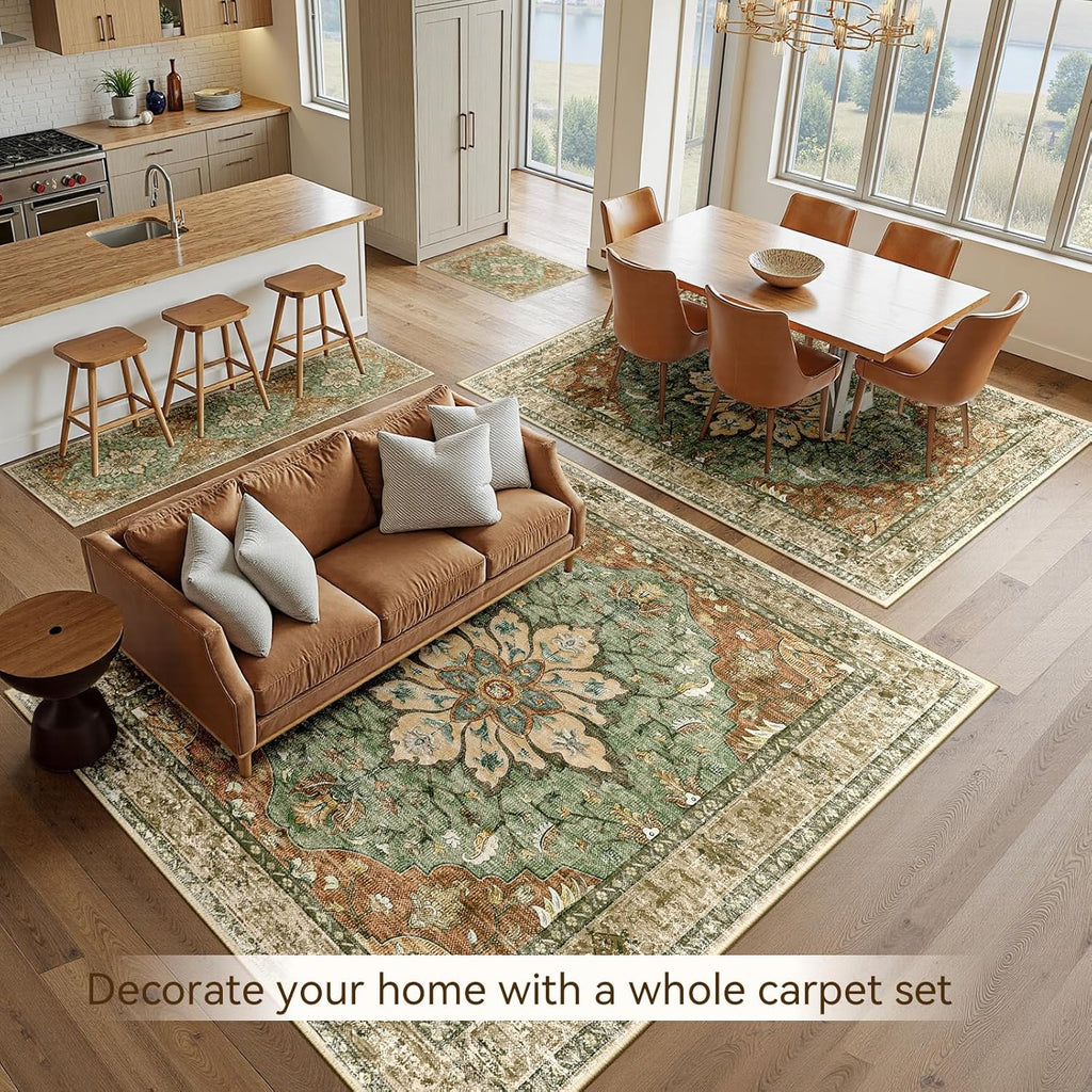 Area Rugs Large 9'x12' Washable Non-Slip, Floral Vintage Distress Medallion Carpet for Living Room B