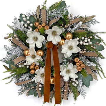 24 inch Farmhouse Christmas Front Door Wreath, Winter Magnolia & Pine