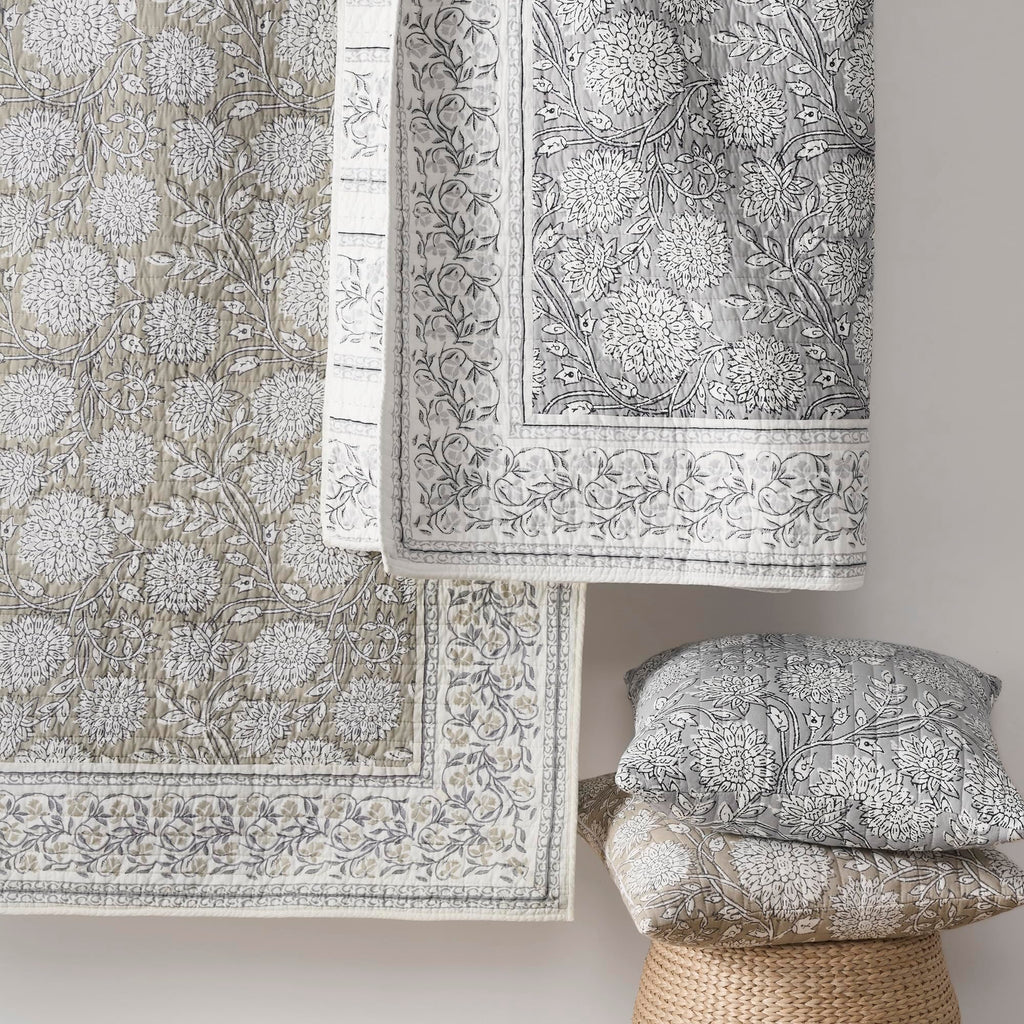 Adare Taupe Reversible Quilt Set (106x92in) and 2 Pillow Shams (36x20in) - Floral Bedding - Taupe White