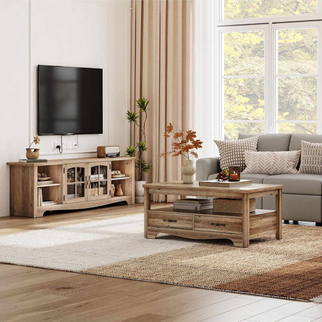 TV Stand for 75 Inch TV, Modern Farmhouse Entertainment Center with Storage Cabinets and Glass Doors, Tall Media