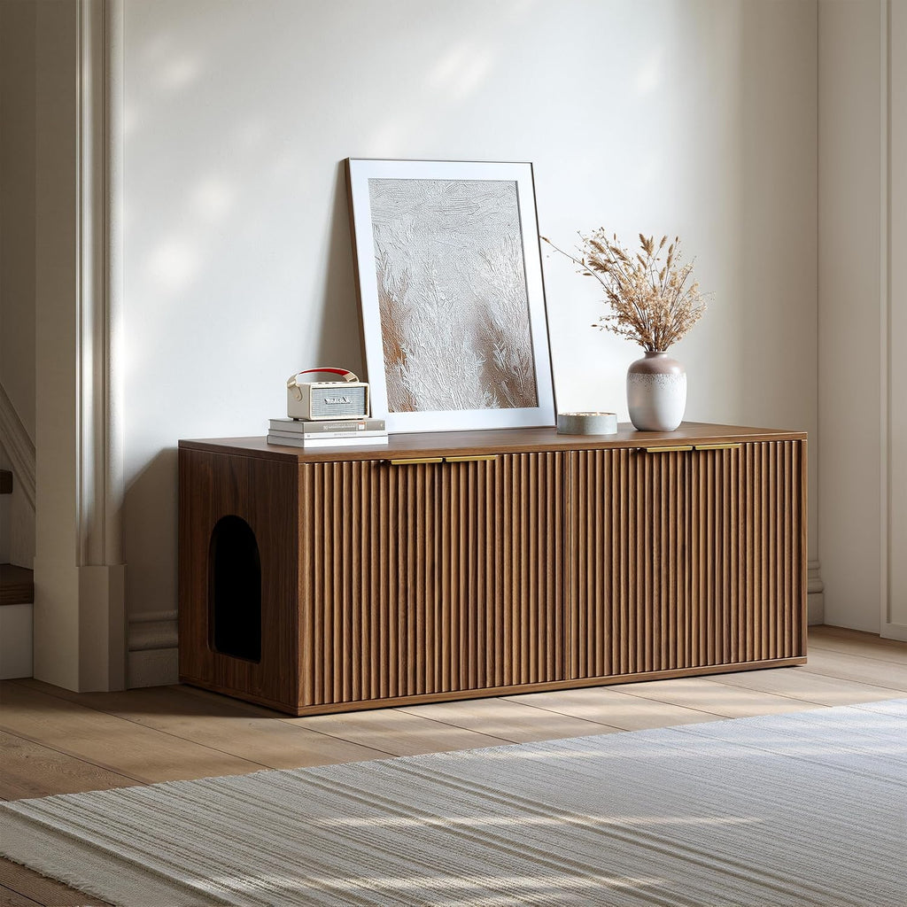 47.2" Walnut Litter Box Enclosure Furniture for 2 Cats