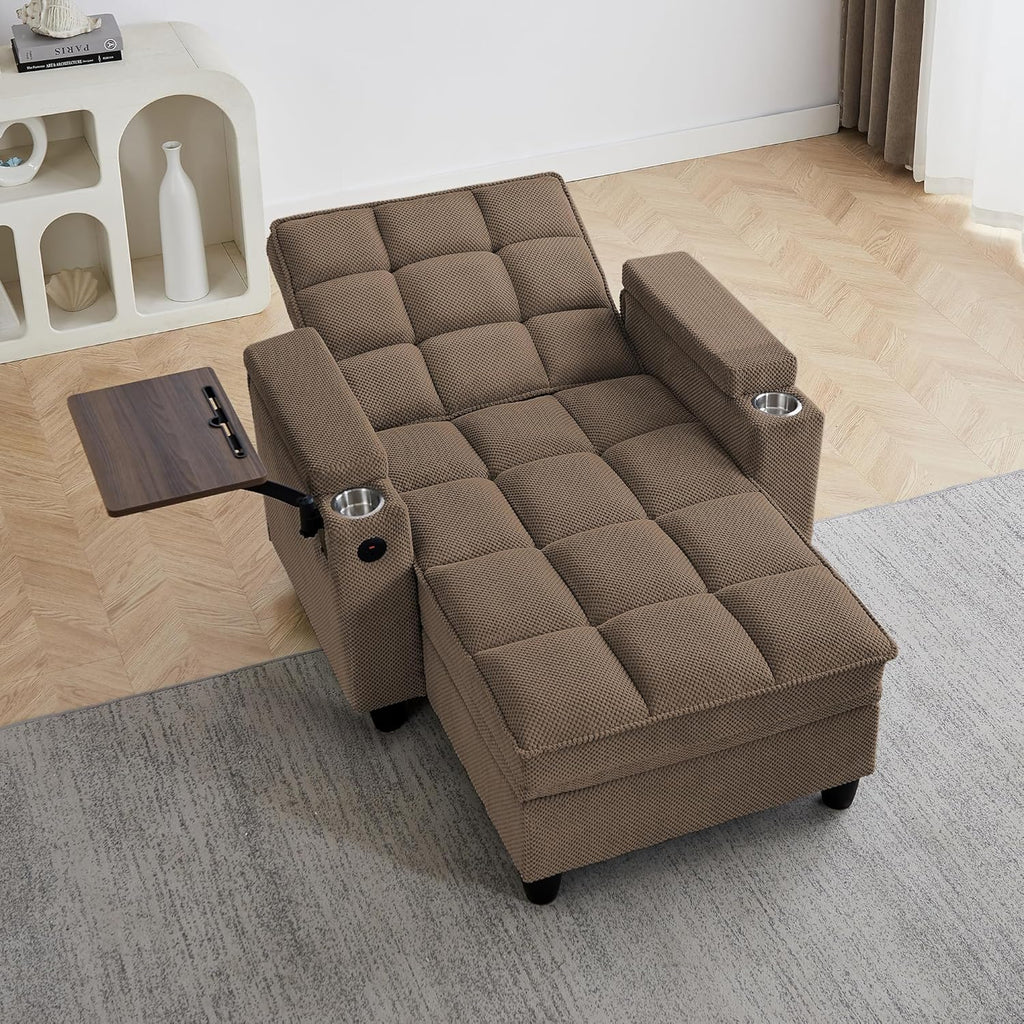 6-Position Adjustable Convertible Chaise Lounge Sleeper Chair with Storage, Modern Recliner Armchair with Swivel Tray