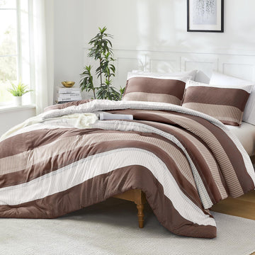 Brown Comforter Set - 3 Pieces Stripe Bed Set