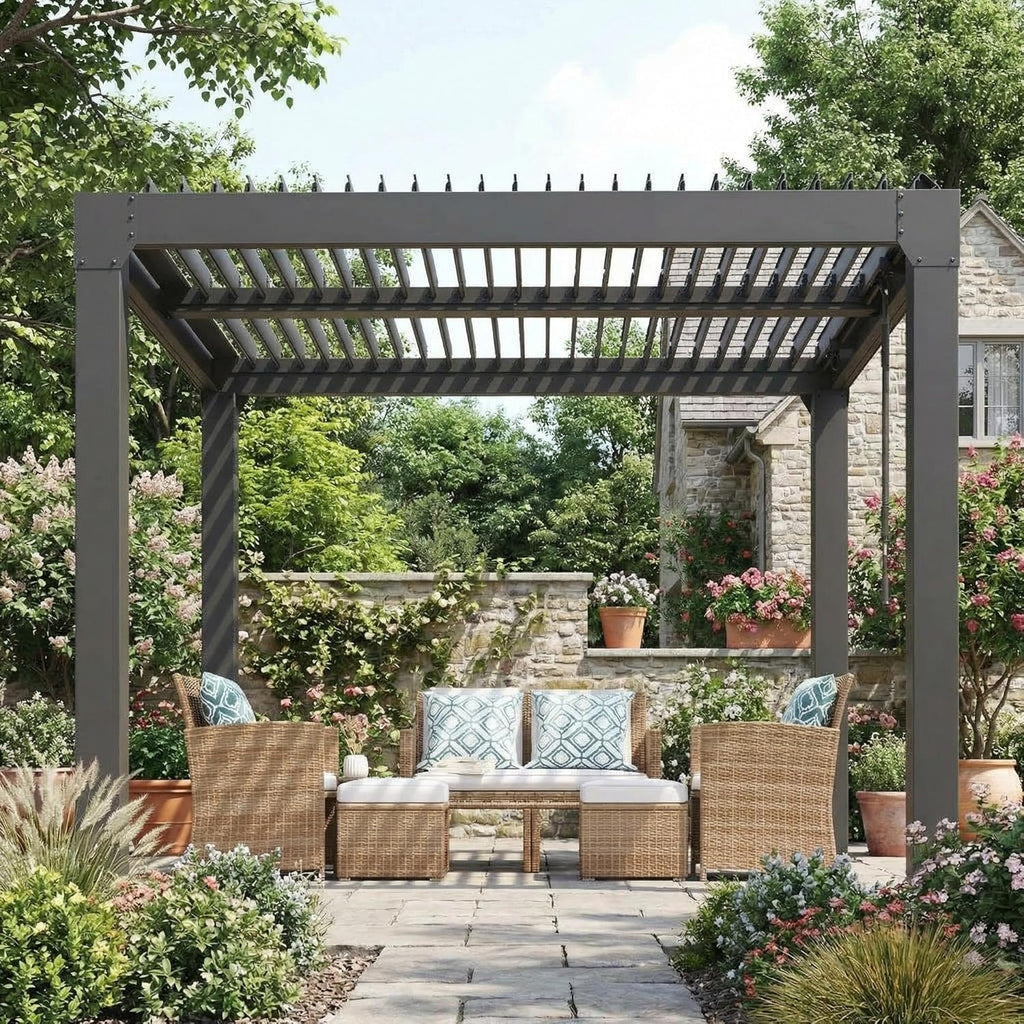 10x10 FT Louvered Pergola, Outdoor Aluminum Pergola with Adjustable Roof & Integrated Drainage System