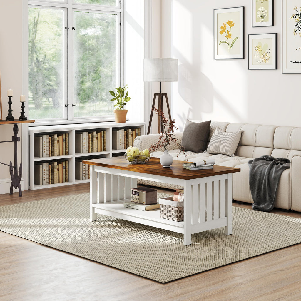 47.2" Farmhouse Coffee Table - Coffee Tables, Small Coffee Table with Storage, Center Table, White