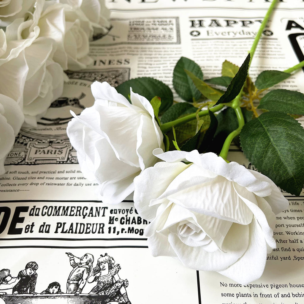 Artificial White Rose Flowers 12 Pcs Blossom Rose Flowers Real Touch Silk Faux Roses with Stem Rose Bouquets