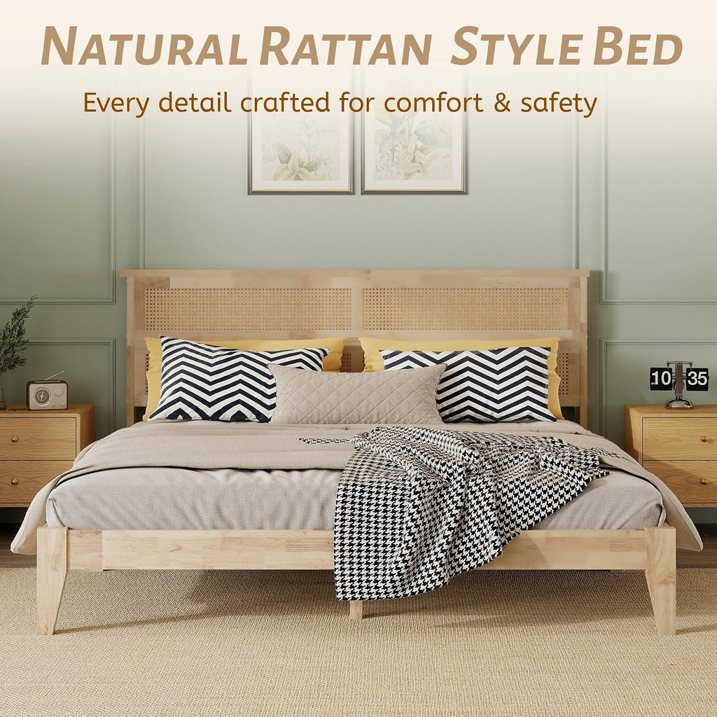 King Solid Wood Bed Frame with Interwoven Rattan Headboard, Rubber Wood Platform Bed with Underbed Storage Space