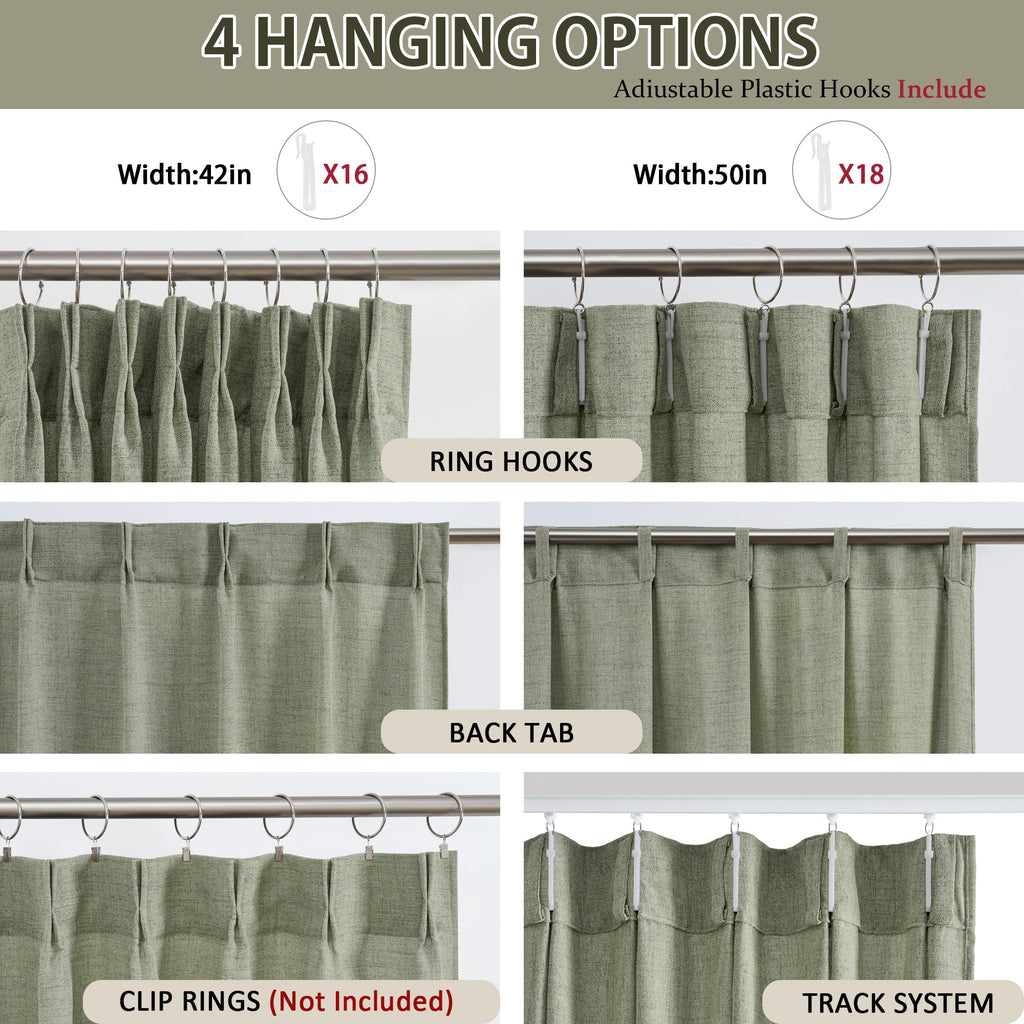 102 Inch Long Curtains Pinch Pleat, Back Tab Sheer Pleated Curtains Dining Room, 102 Length 2 Panel Set, Sage Green