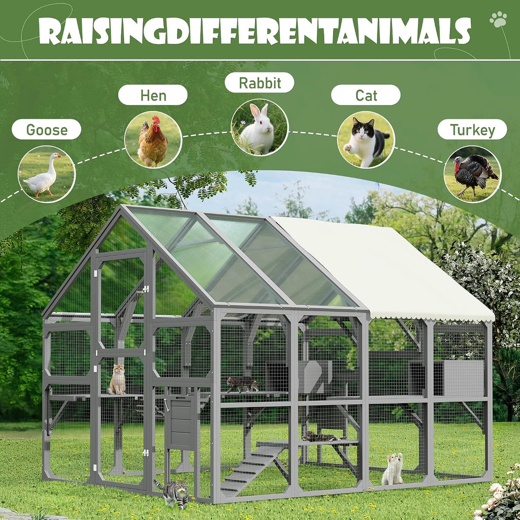 Extra Large Catio Outdoor Cat Enclosure for Multiple Cats, Walk-in Wooden Catio with 7 Platforms, 2 Resting Boxes
