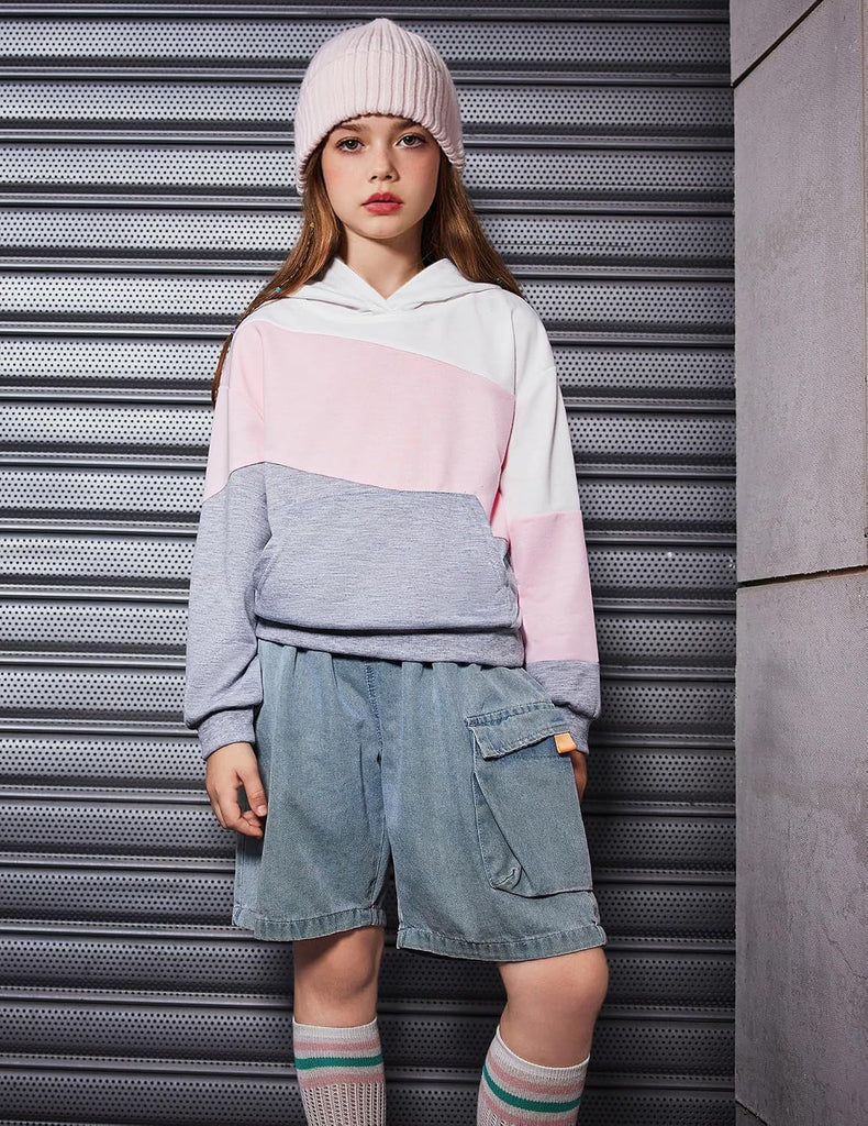 Girls Color Block Hoodies Hooded Sweatshirts Colorblock Sweatshirt