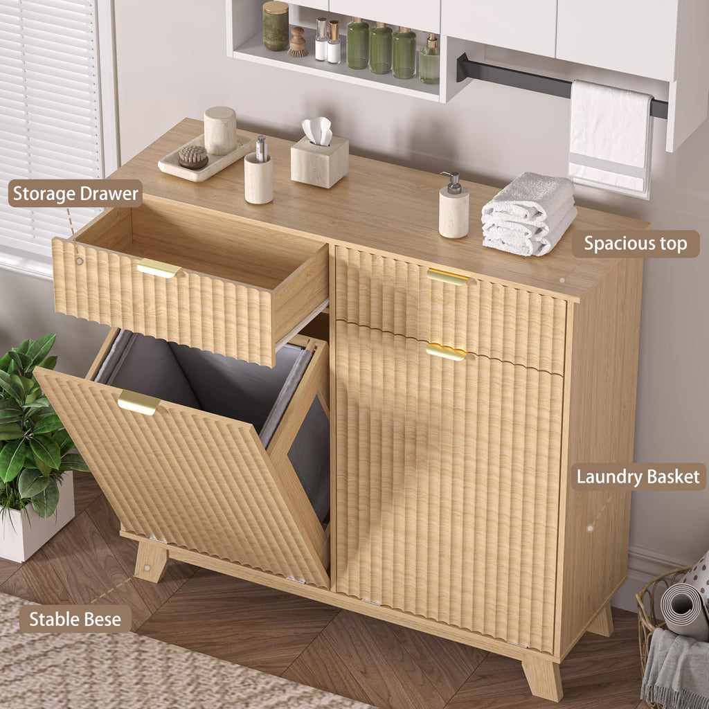 Double Tilt Out Laundry Hamper Cabinet with 2 Drawers & Baskets, 20 Gallon Fluted Hidden Trash Can Cabinet, Farmhouse