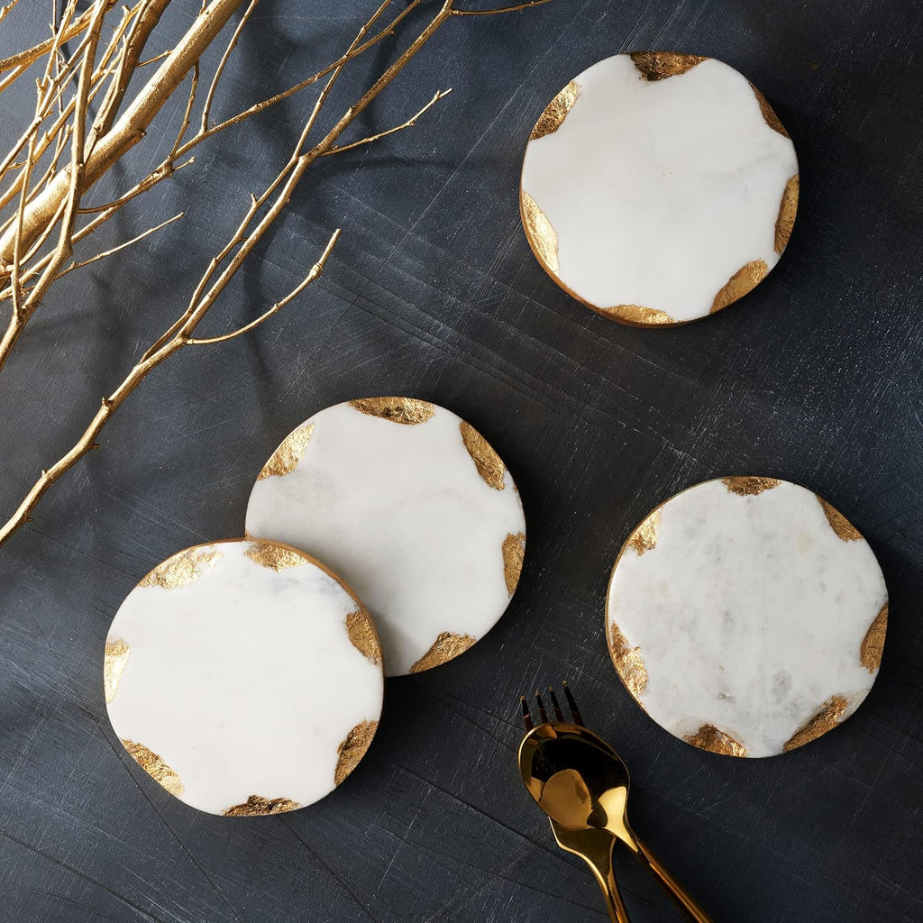 Round Coasters Gold Edge, Marble Coaster Set, Table Protection - Set of 4