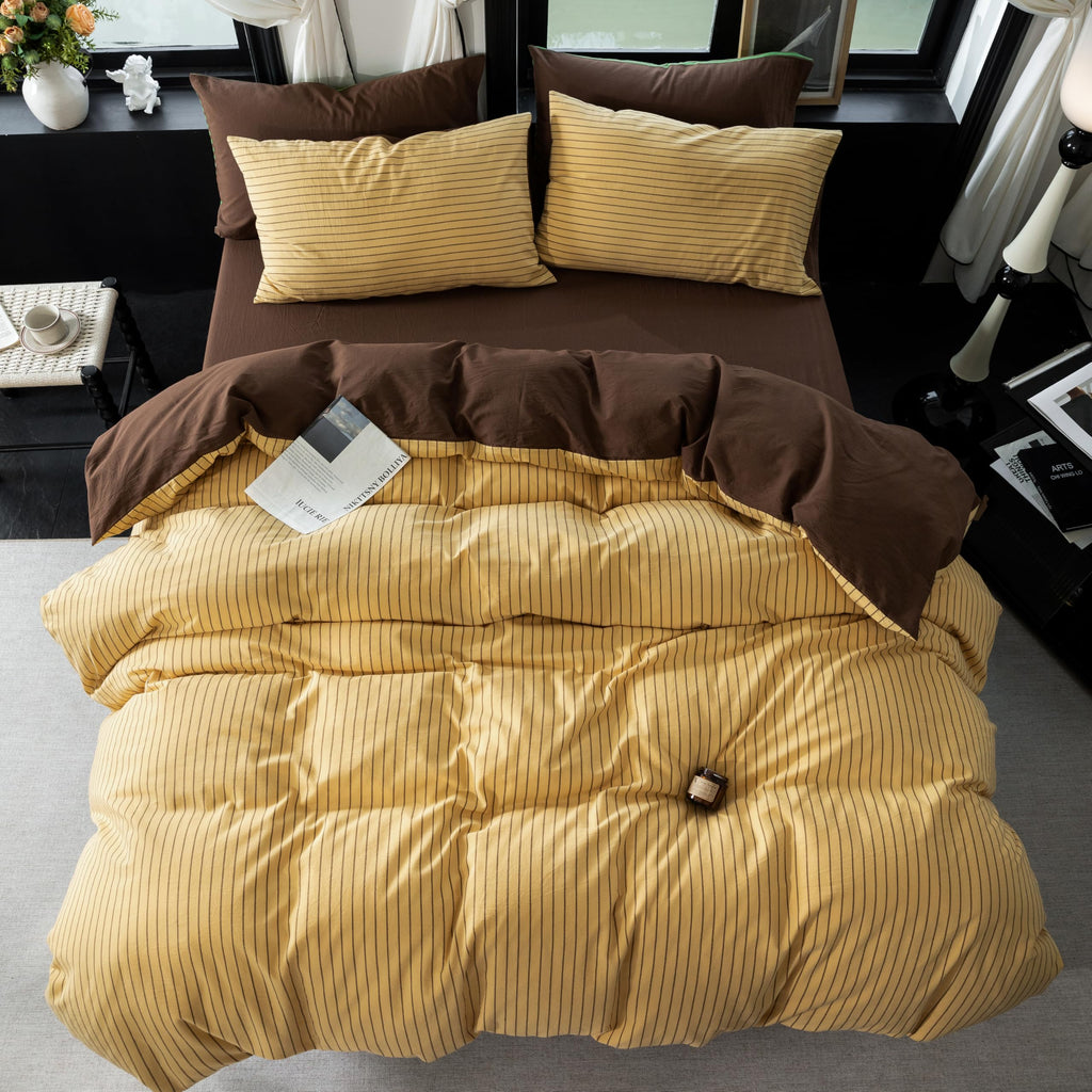 3Pcs Reversible Yellow Brown Striped Queen Duvet Cover Set