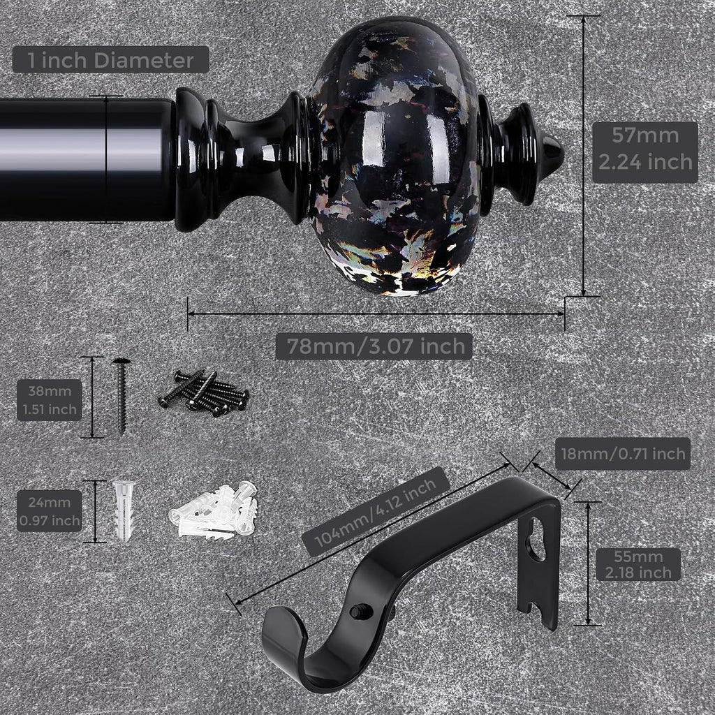 Black Curtain Rod for Windows, 1'' Heavy Duty Adjustable Modern Drapery Rods with Unique Crystal