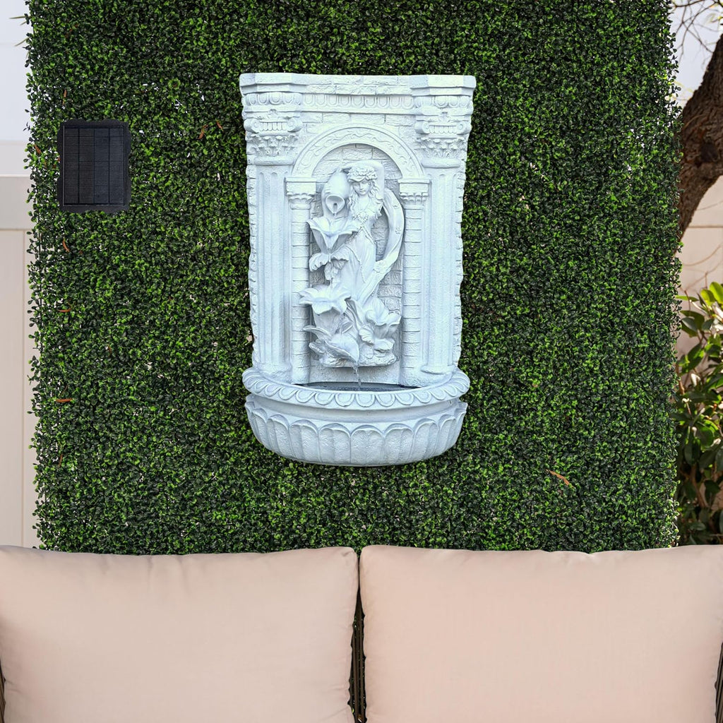 30.3" Solar-Powered Wall Mounted Water Fountain with Maiden & Floral Detail, Tiered Waterfall Design