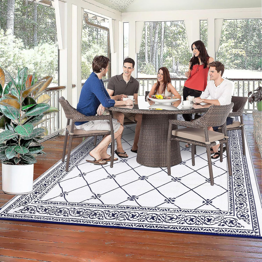 Outdoor Rug 8'x10' s, Waterproof Trellis Blue & White Outside Mat for Front Porch,Beach, Reversible Plastic Straw