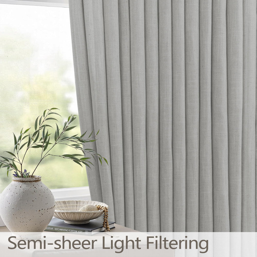 Grey Bedroom Curtains 63 Inch Length 2 Panel Back Tab Burlap Boho Semi Sheer Dove Gray Light Filtering Linen Pleated