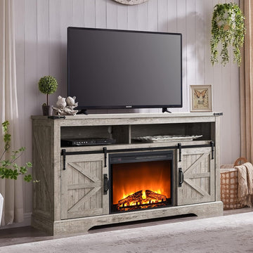 Farmhouse Fireplace TV Stand for TVs up to 65+ Inches, 33 Inch Tall Highboy Entertainment Center with 23 Inch Electric Fireplace and Sliding Barn Door, Rustic Oak