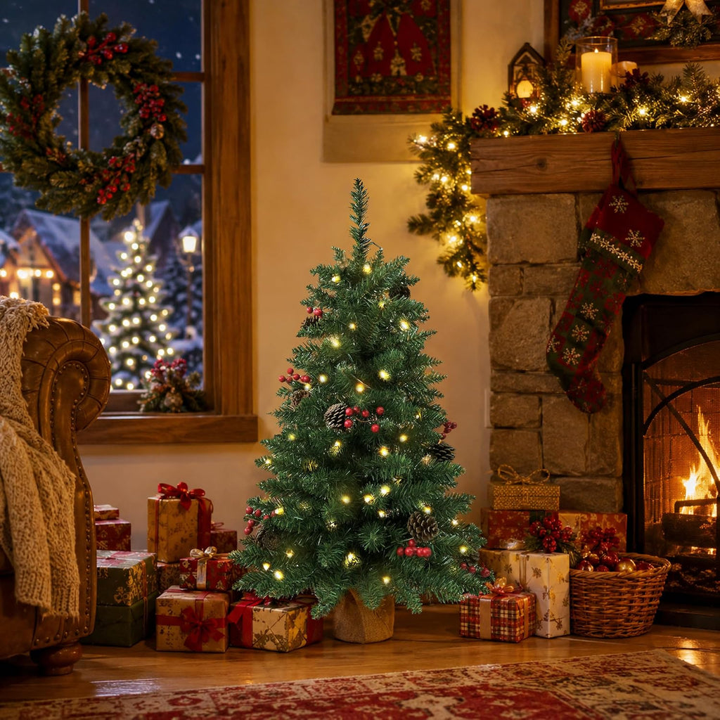 3ft Pre-Lit Artificial Mini Christmas Tree, Battery Operated Xmas Tree