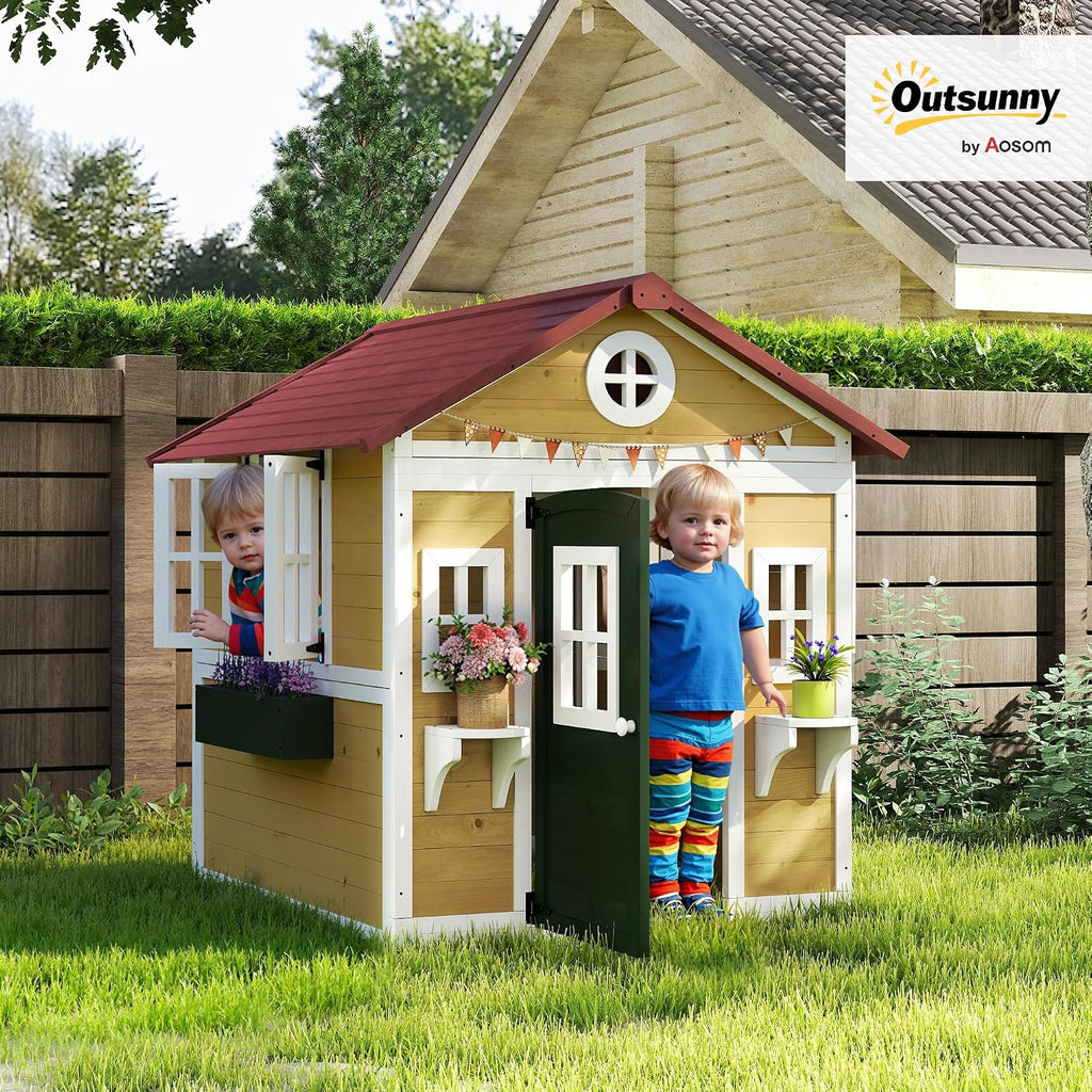 Outdoor Kids Playhouse with Dutch Door for Toddlers 3-8, Beige | Wooden, Windows, Flower Holders and Boxes, Cottage