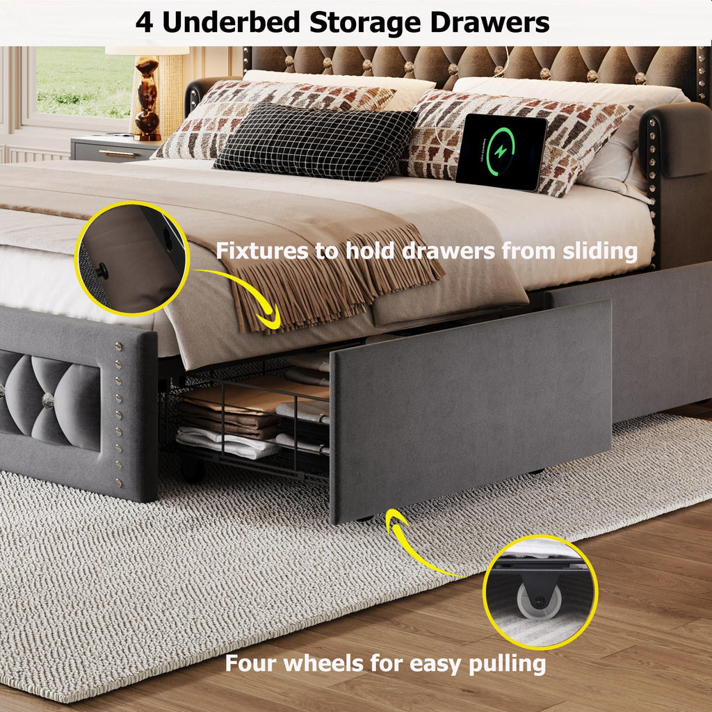 Queen Size Bed Frame with 4 Storage Drawers, Velvet Upholstered Queen Platform Bed with Charging Station and Bookcase