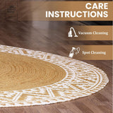 Premium Natural Jute Braided Area Rug, 6-feet Round, White Printed Border, Stain Resistance, Natural