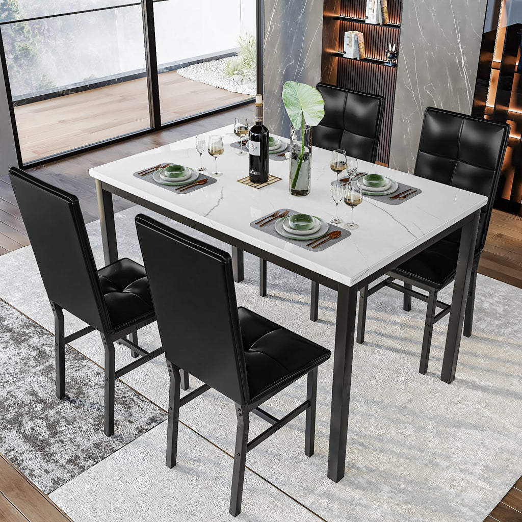 Dining Table Set for 4, Faux Marble Small Kitchen Table with 4 PU Leather Chairs, Modern 5 Piece Dinner Table Set