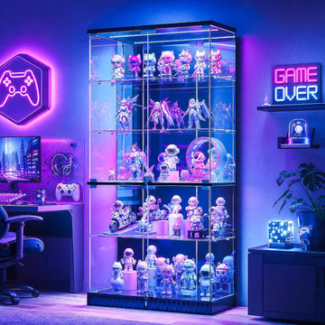Full Glass Display Cabinet with RGB Lights and Lock for Collectibles, Black | Human Body Induction, 5 Dynamic & 7