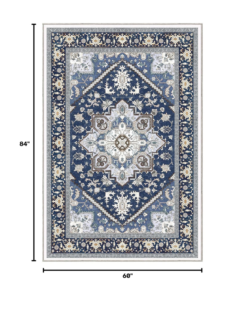 Soft Area Rugs 5x7, Persian-Inspired Washable Rug, Blue & Gold