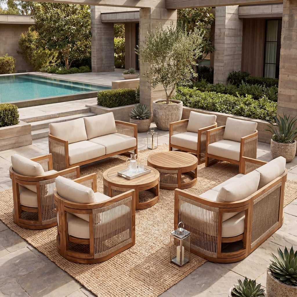 Nesbit 8-Seater Patio Furniture Set with Removable Cushion, 8 Piece Outdoor Acacia Wood Conversation Set, Wooden