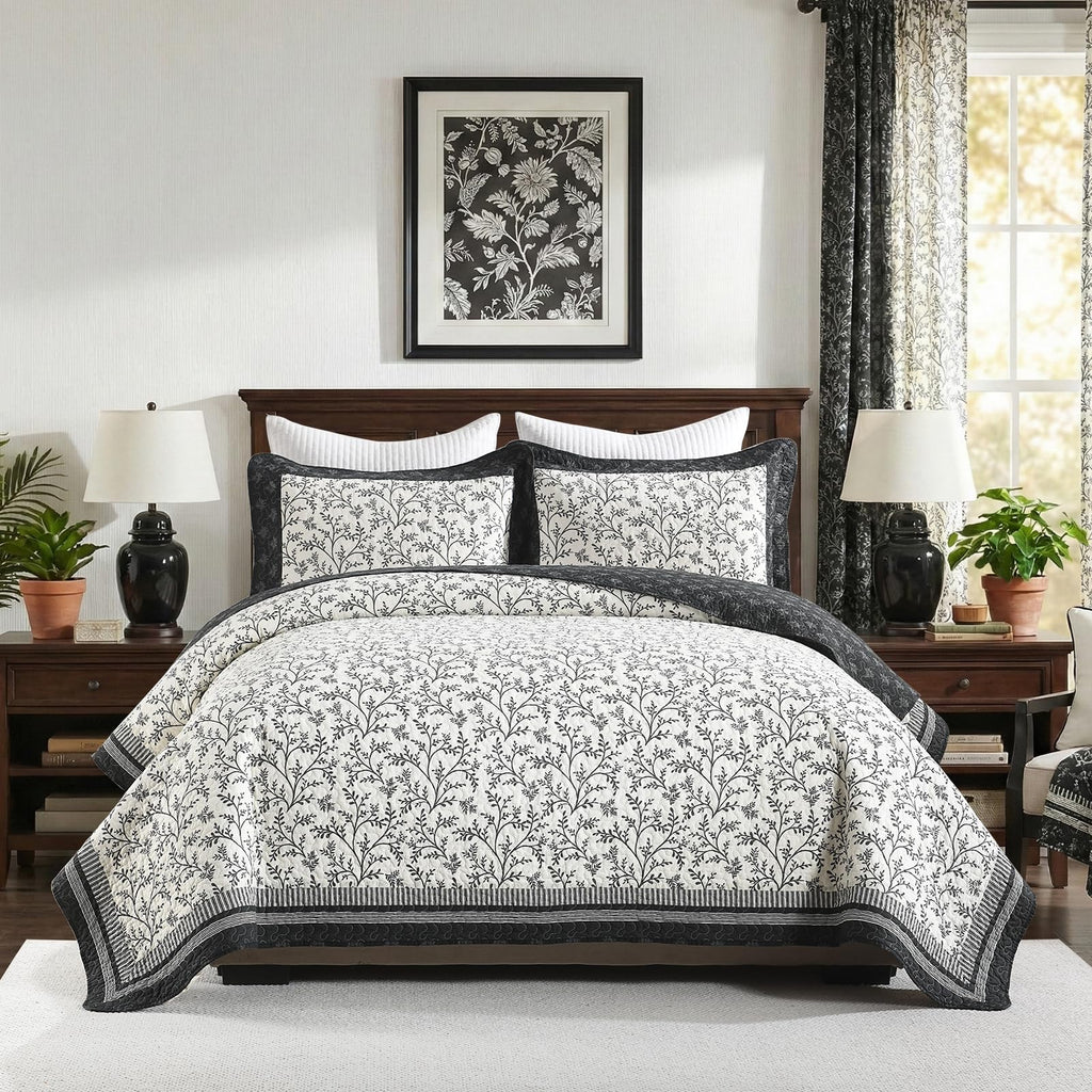 100% Cotton Quilt Set - Farmhouse Botanical Quilts Bedding Set, Chic Reversible Bedspreads Coverlet