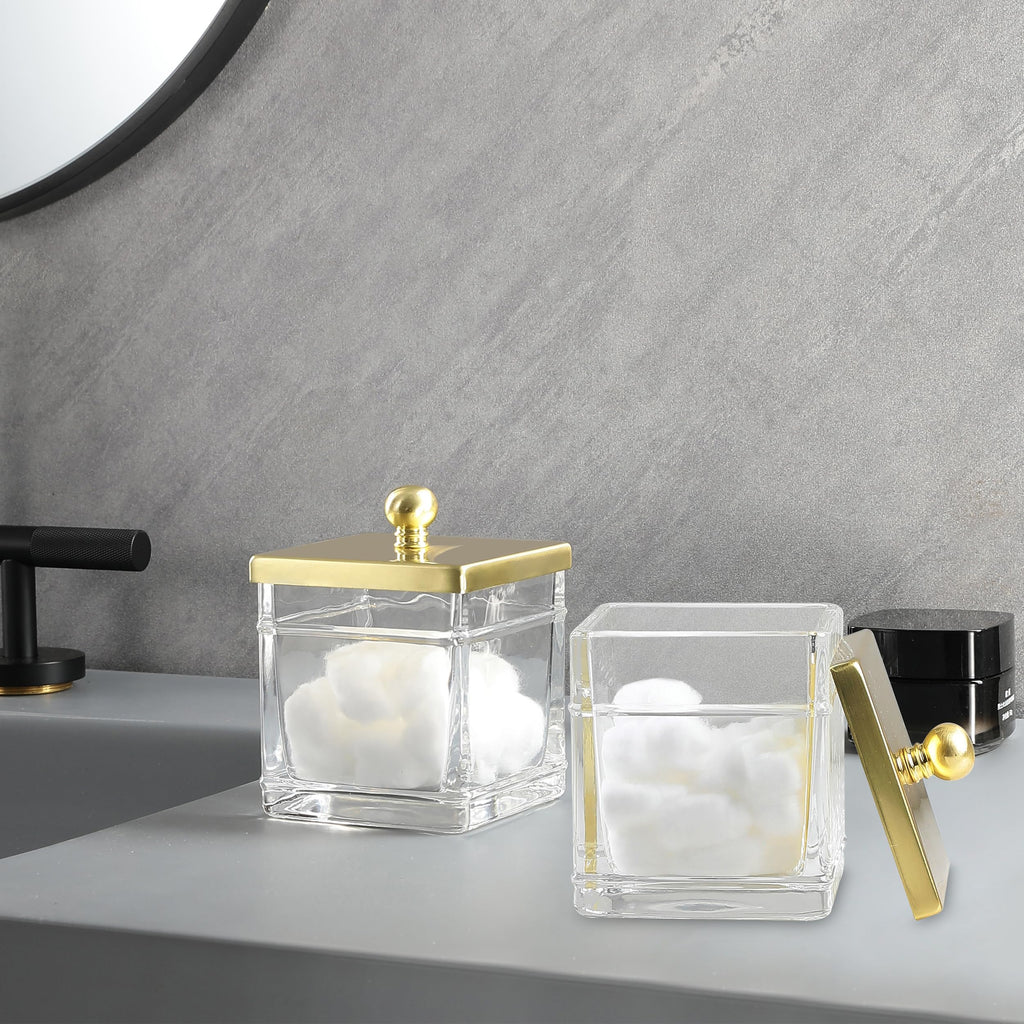 Glass Cotton Jar Holder 2 Pack- Brushed Gold Lid, Elegant Bathroom Storage Canister for Qtips, Cotton Balls, Floss