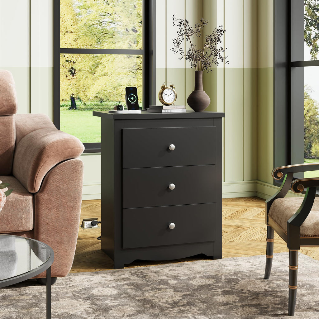 Tall Nightstand with Charging Station, Wood Bedside Table, Black