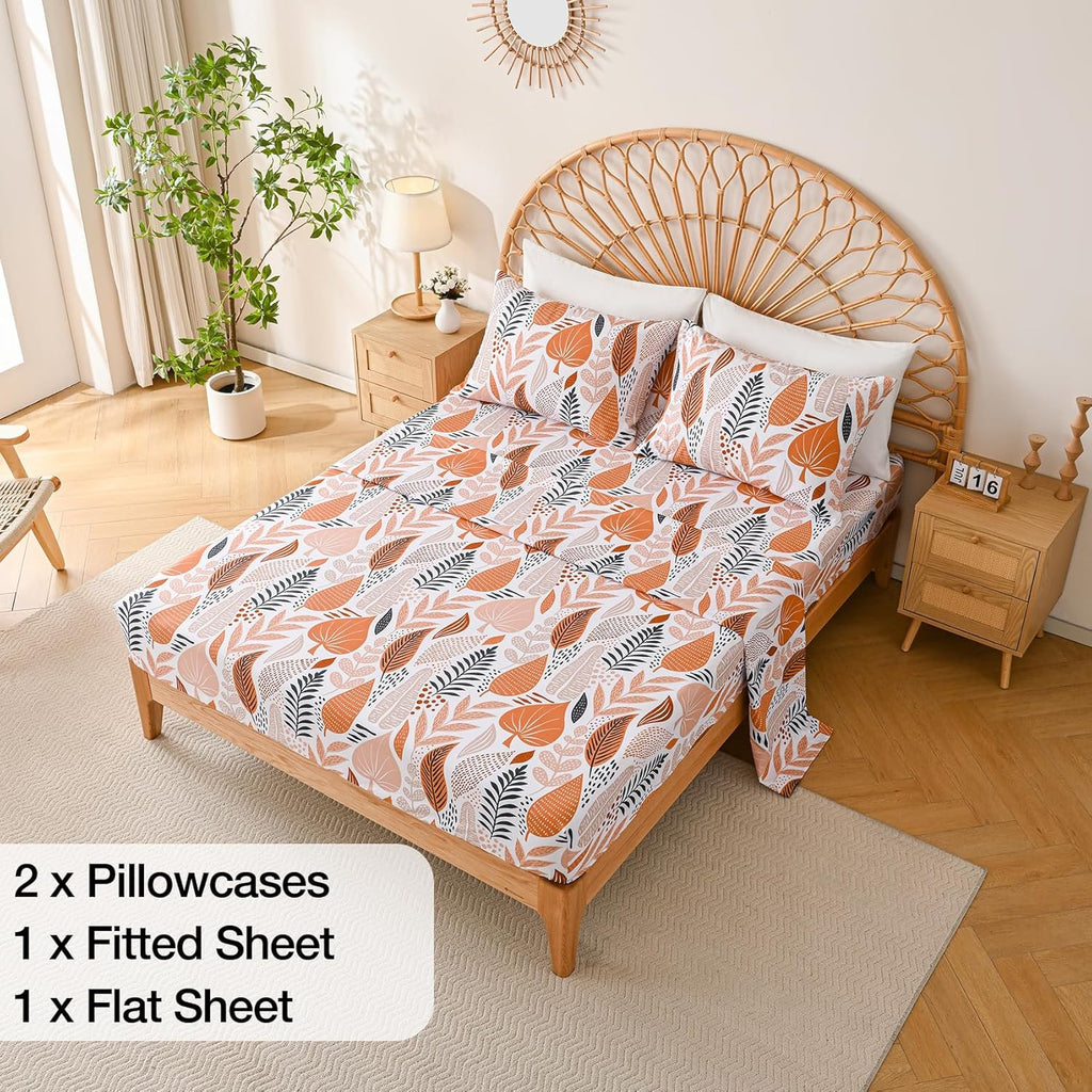 Boho Leaves Printed Sheet Set Queen, Botanical Pattern Bed Sheets Microfiber Bedding Sheets & Pillowcases Soft 15"