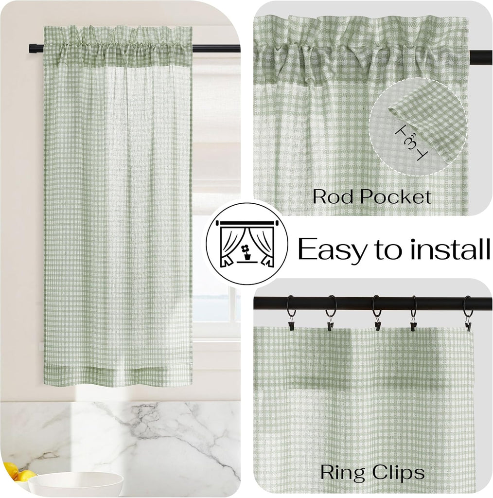 Sheer Linen Curtains 24 Inch Length, Light Green Plaid Cafe Curtains for Living Room Bedroom, Farmhouse Bathroom