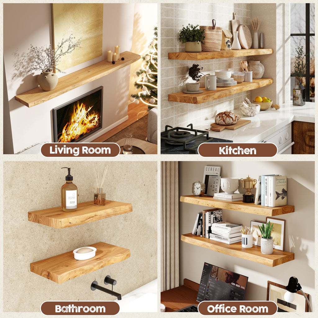Live Edge Floating Shelves for Wall, 55 Inch Solid Elm Wood Shelves