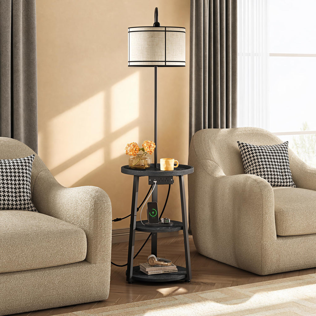Floor Lamp with Table, Round Side Table with Charging Station Black