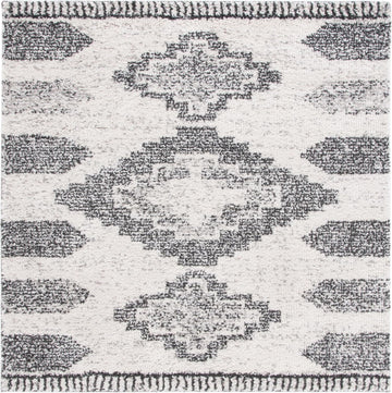 Jericho Shag Collection Area Rug - 6'7" Square, Ivory & Black, Moroccan Boho Design, Non-Shedding & Easy Care