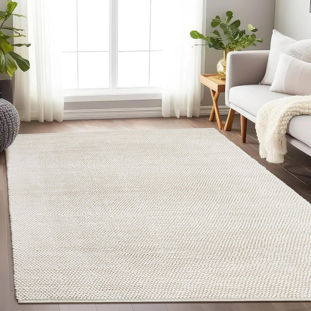 Handwoven Wool Cotton Blend Area Rug 4x6', Textured Popcorn Braided Ivory Rug, Soft Thick Farmhouse Contemporary
